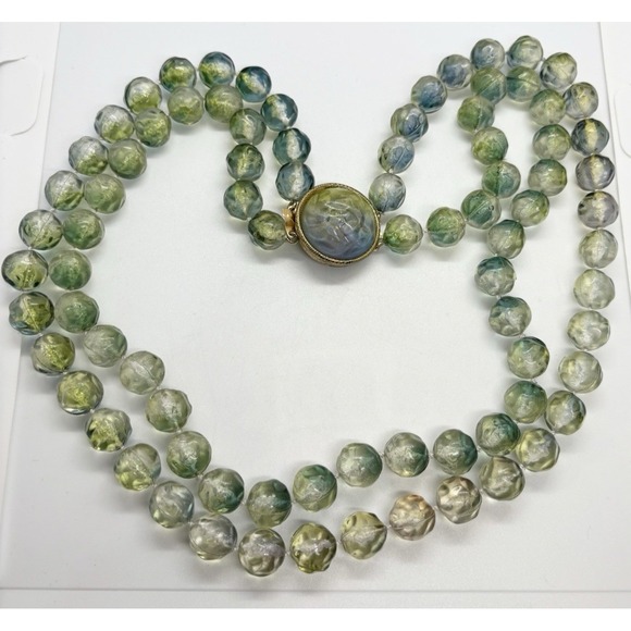 Vintage Green Clear Lucite Plastic Bead 2 Strand 22'' Necklace Retro Chunky - Picture 1 of 10